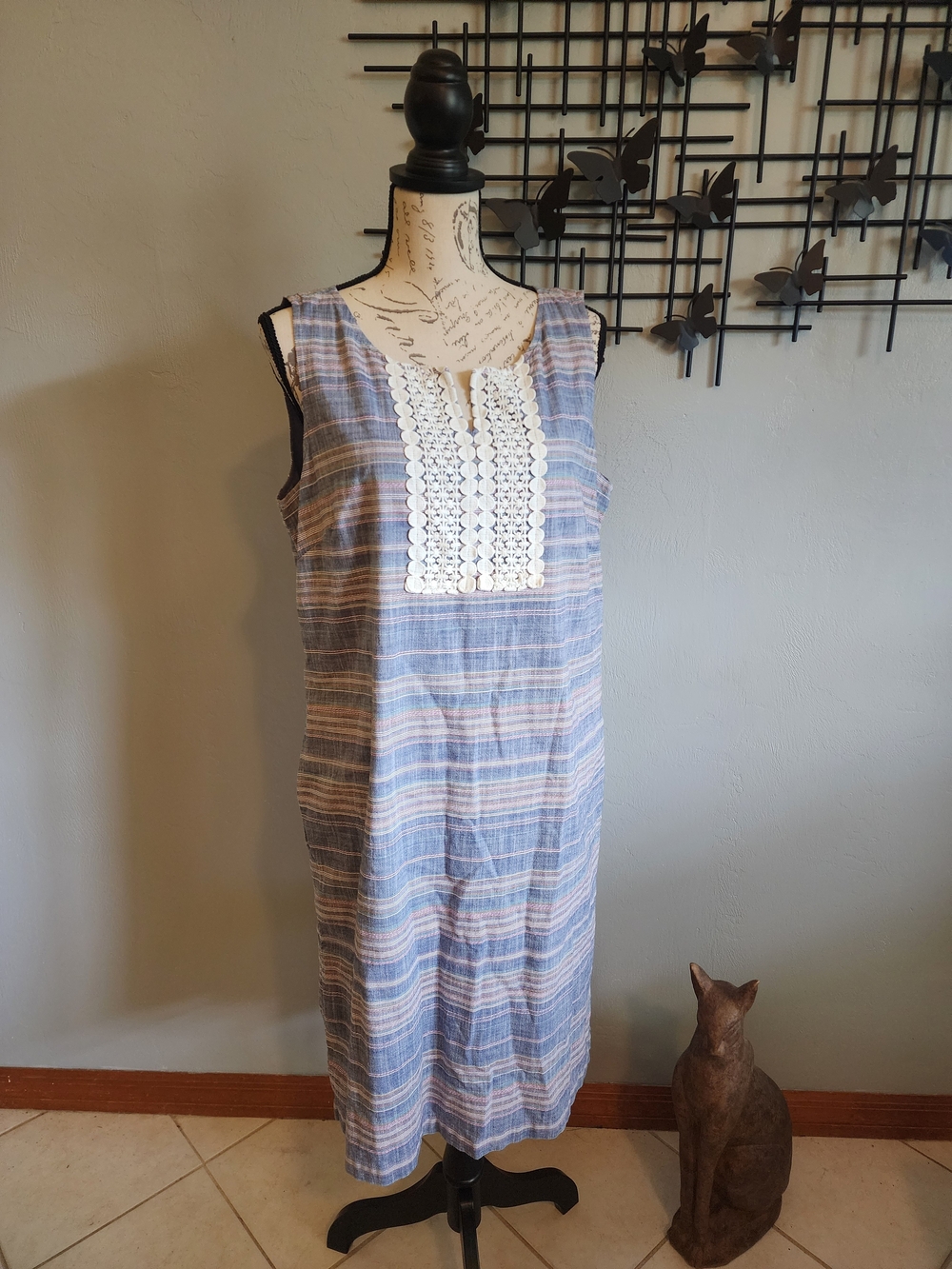 Talbots Blue and White Striped Sleeveless Dress with Lace Bib
